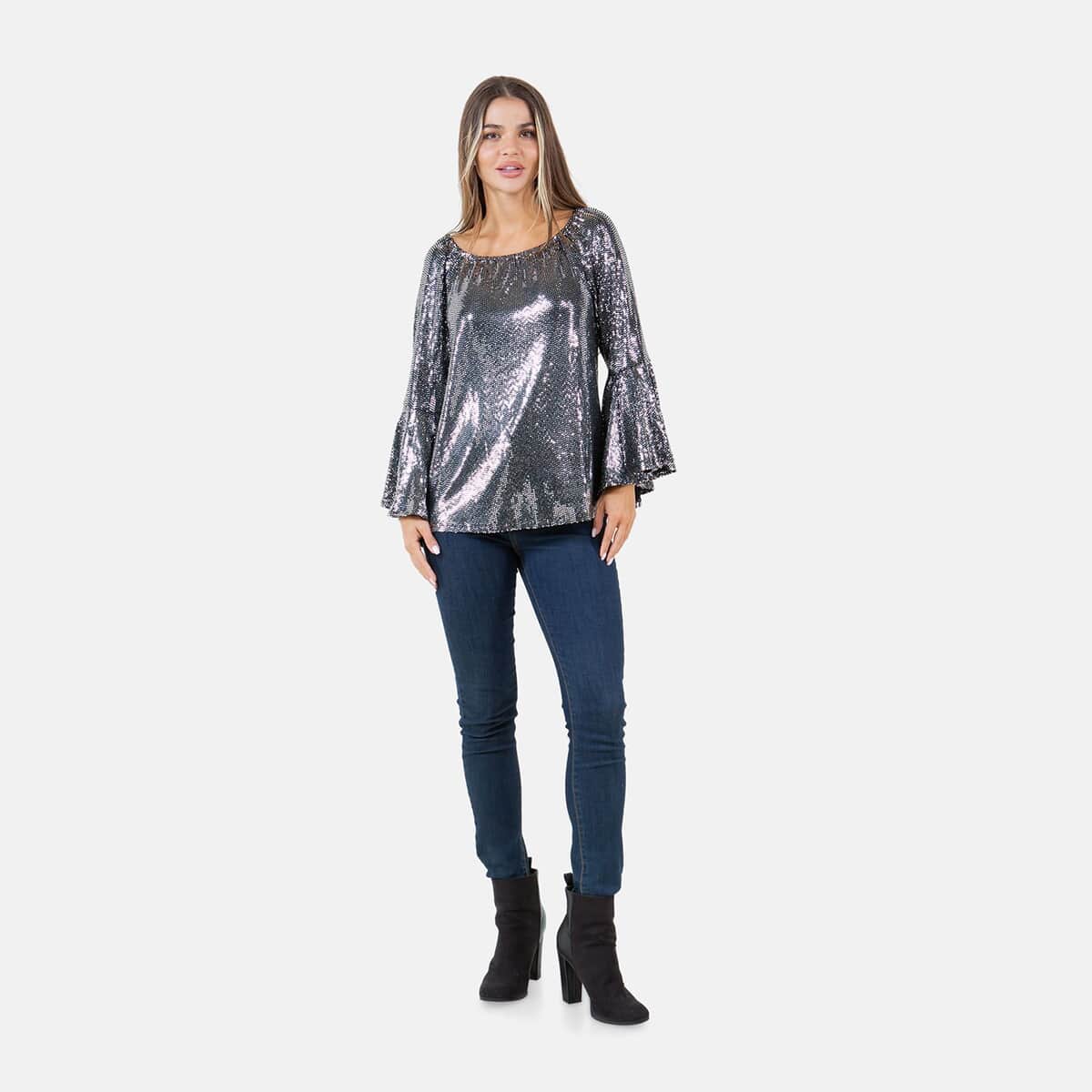 Fever Silver Glitter Women's Holiday Symphony Sleeve Blouse - S image number 6