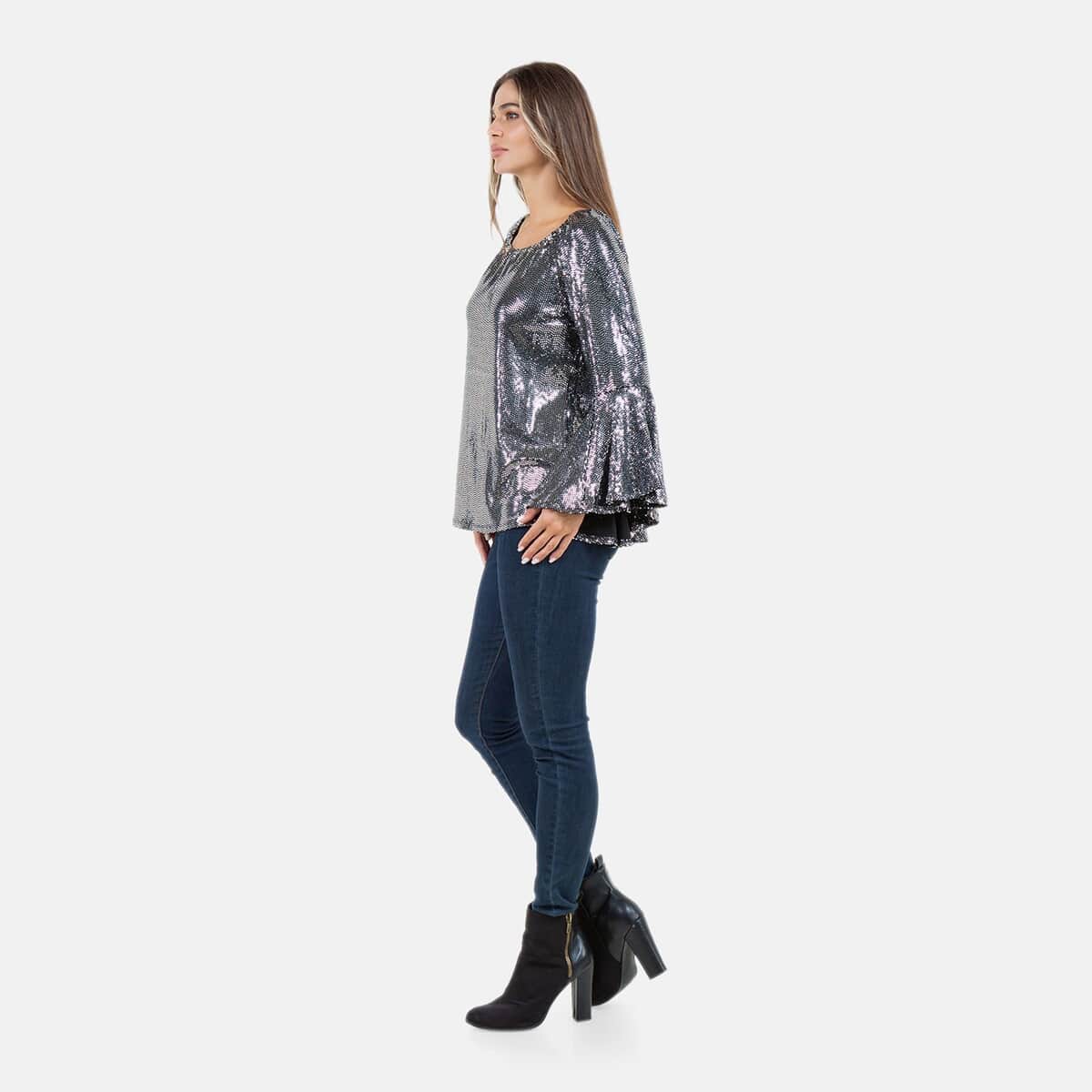 Fever Silver Glitter Women's Holiday Symphony Sleeve Blouse - S image number 7