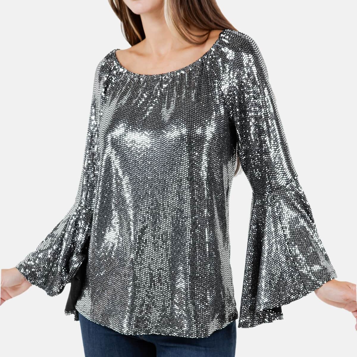 Fever Silver Glitter Women's Holiday Symphony Sleeve Blouse - S image number 8