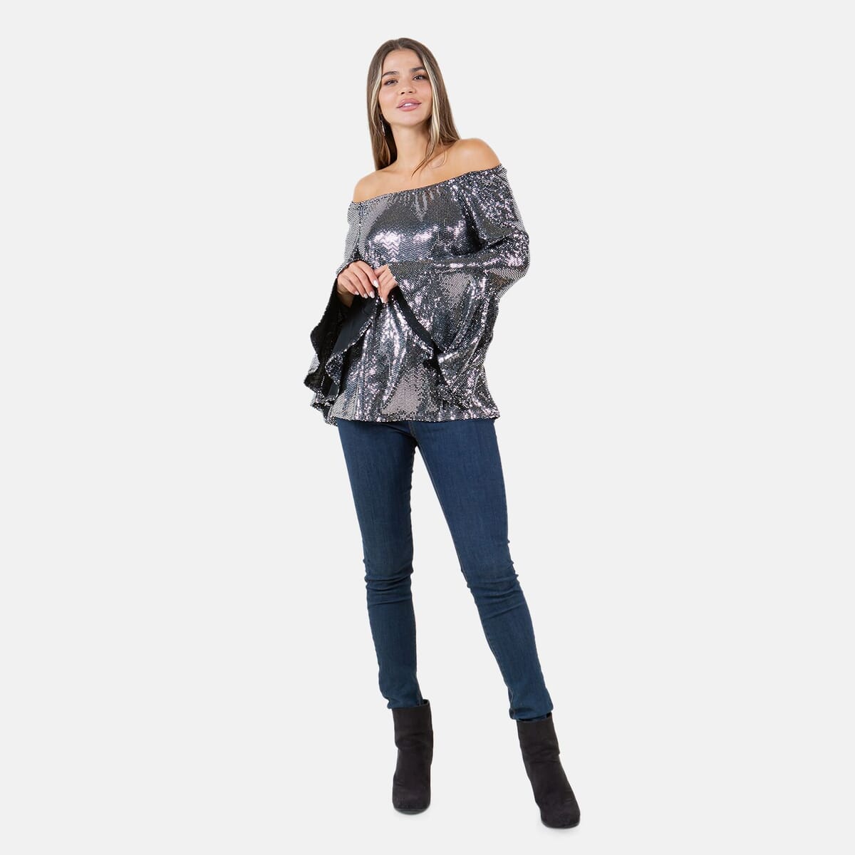 Fever Silver Glitter Women's Holiday Symphony Sleeve Blouse - M image number 0