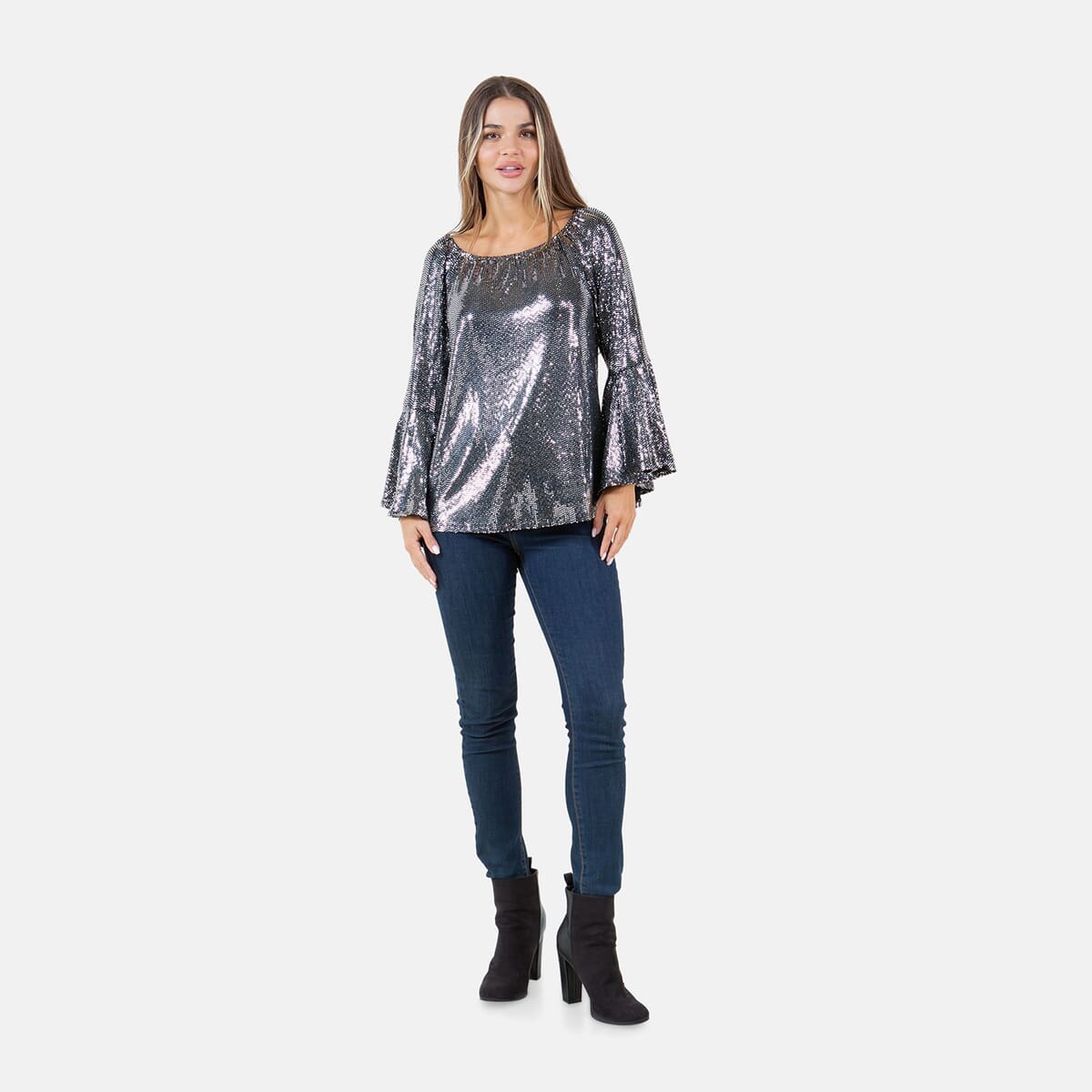 Fever Silver Glitter Women's Holiday Symphony Sleeve Blouse - M image number 6