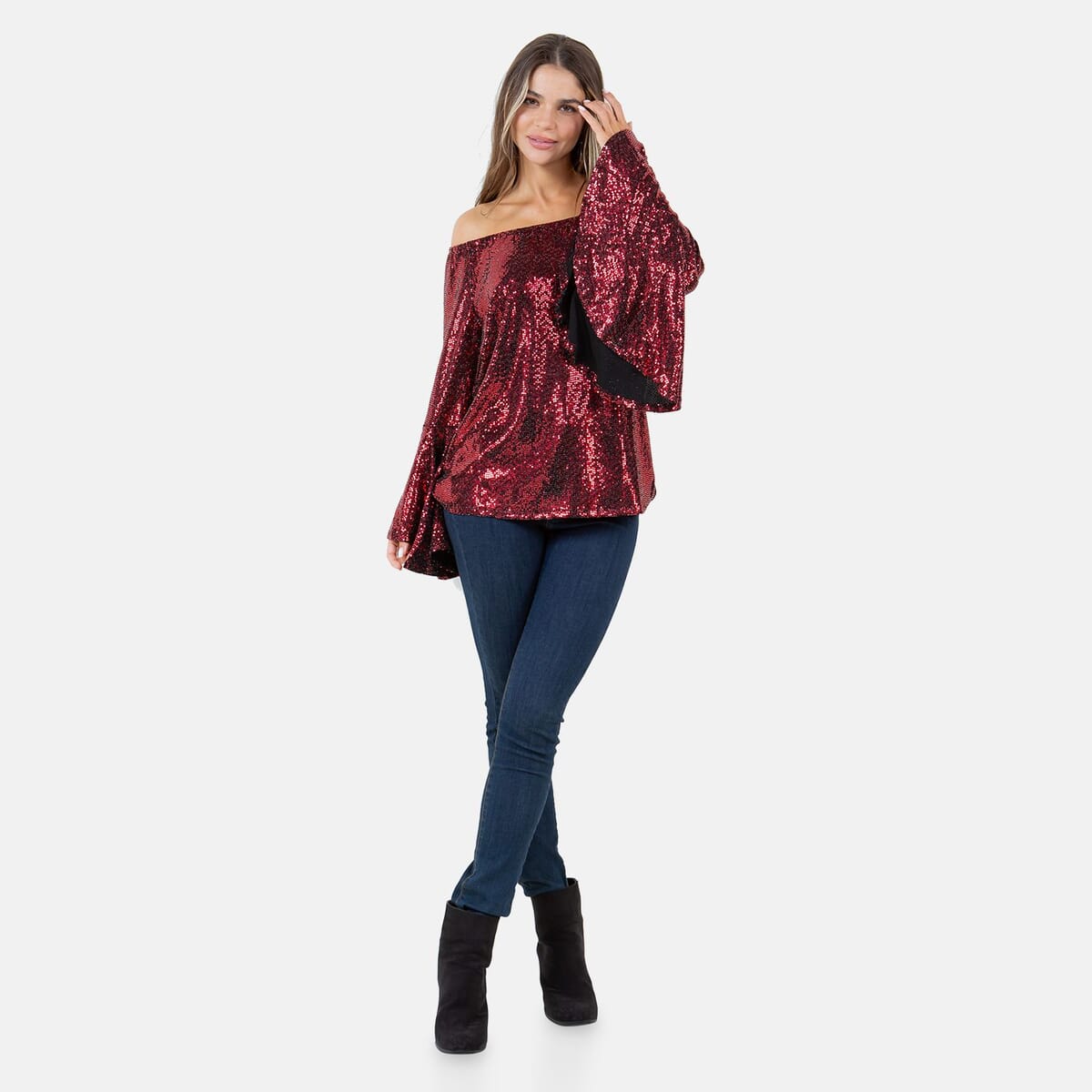 Fever Wine Glitter Women's Holiday Symphony Sleeve Blouse - S image number 0