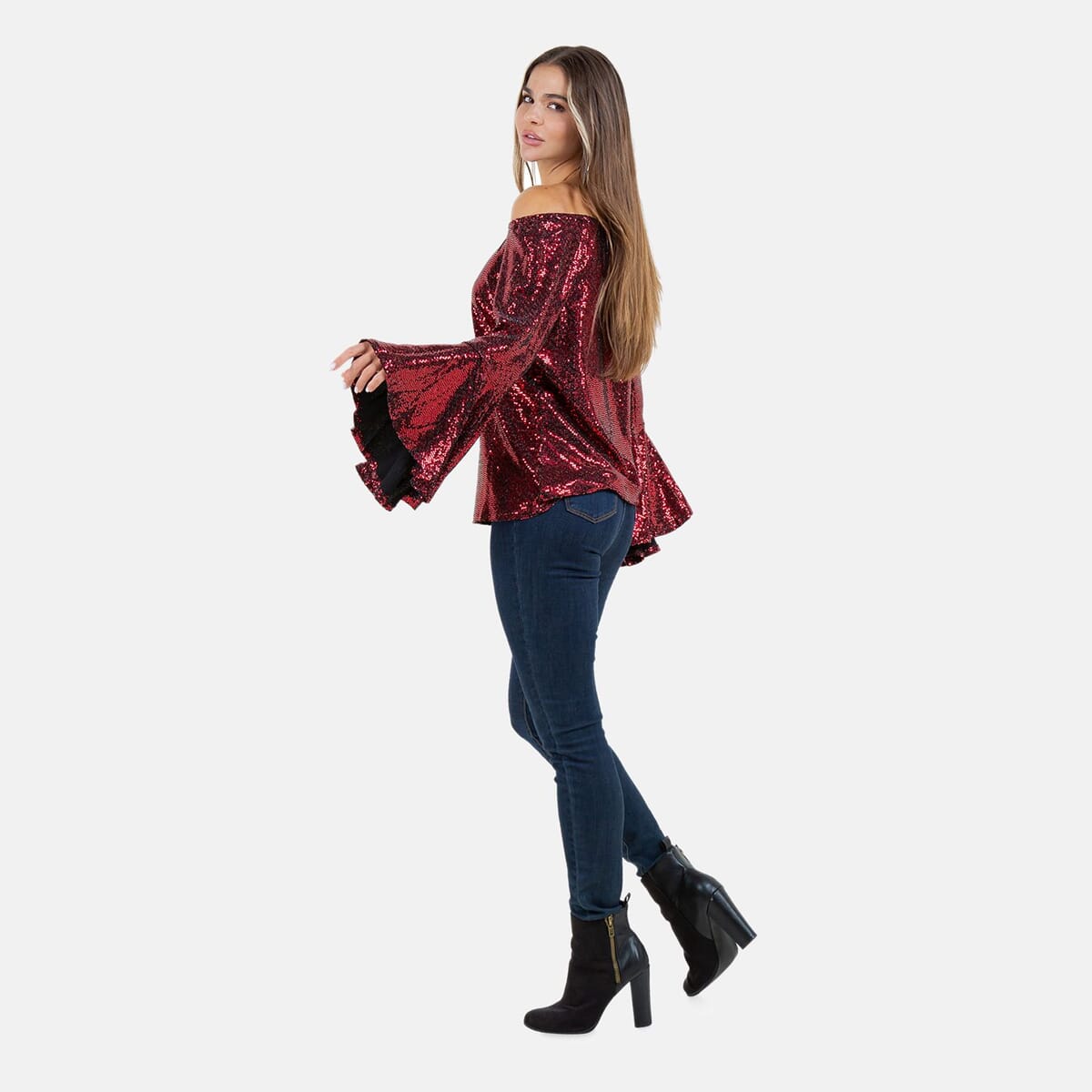 Fever Wine Glitter Women's Holiday Symphony Sleeve Blouse - S image number 2