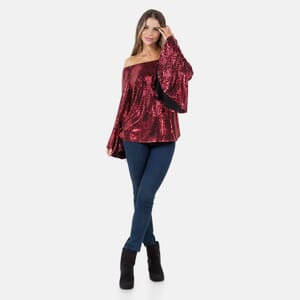 Fever Wine Glitter Women's Holiday Symphony Sleeve Blouse - M