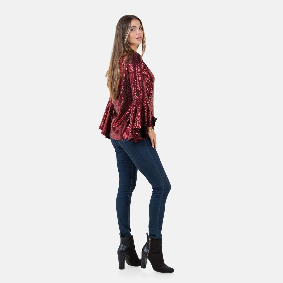 Fever Wine Glitter Women's Holiday Symphony Sleeve Blouse - L image number 6