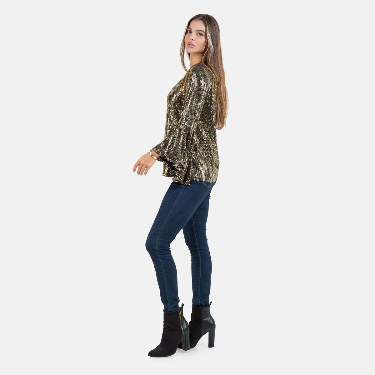 Fever Gold Glitter Women's Holiday Symphony Sleeve Blouse - S image number 2