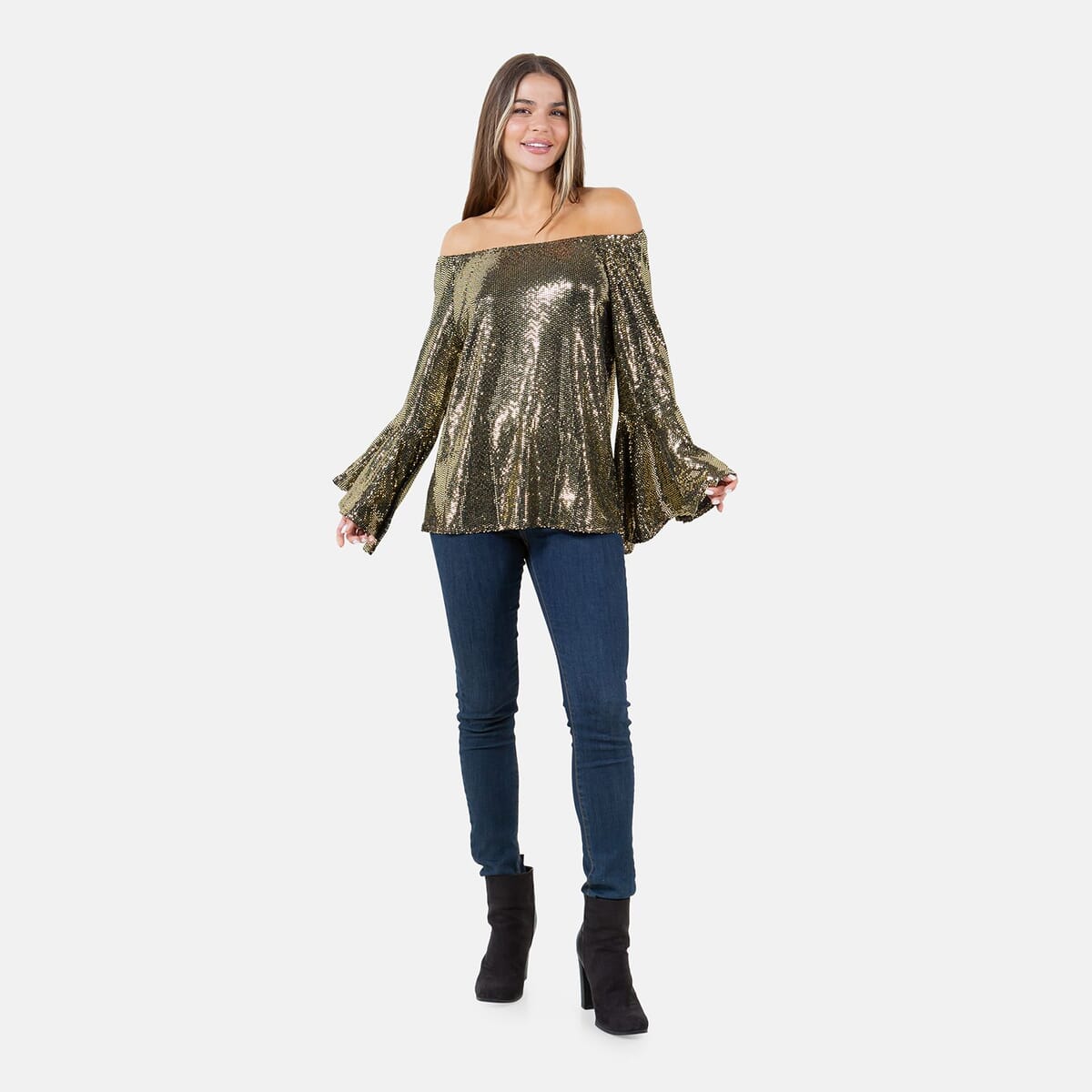 Fever Gold Glitter Women's Holiday Symphony Sleeve Blouse - S image number 3