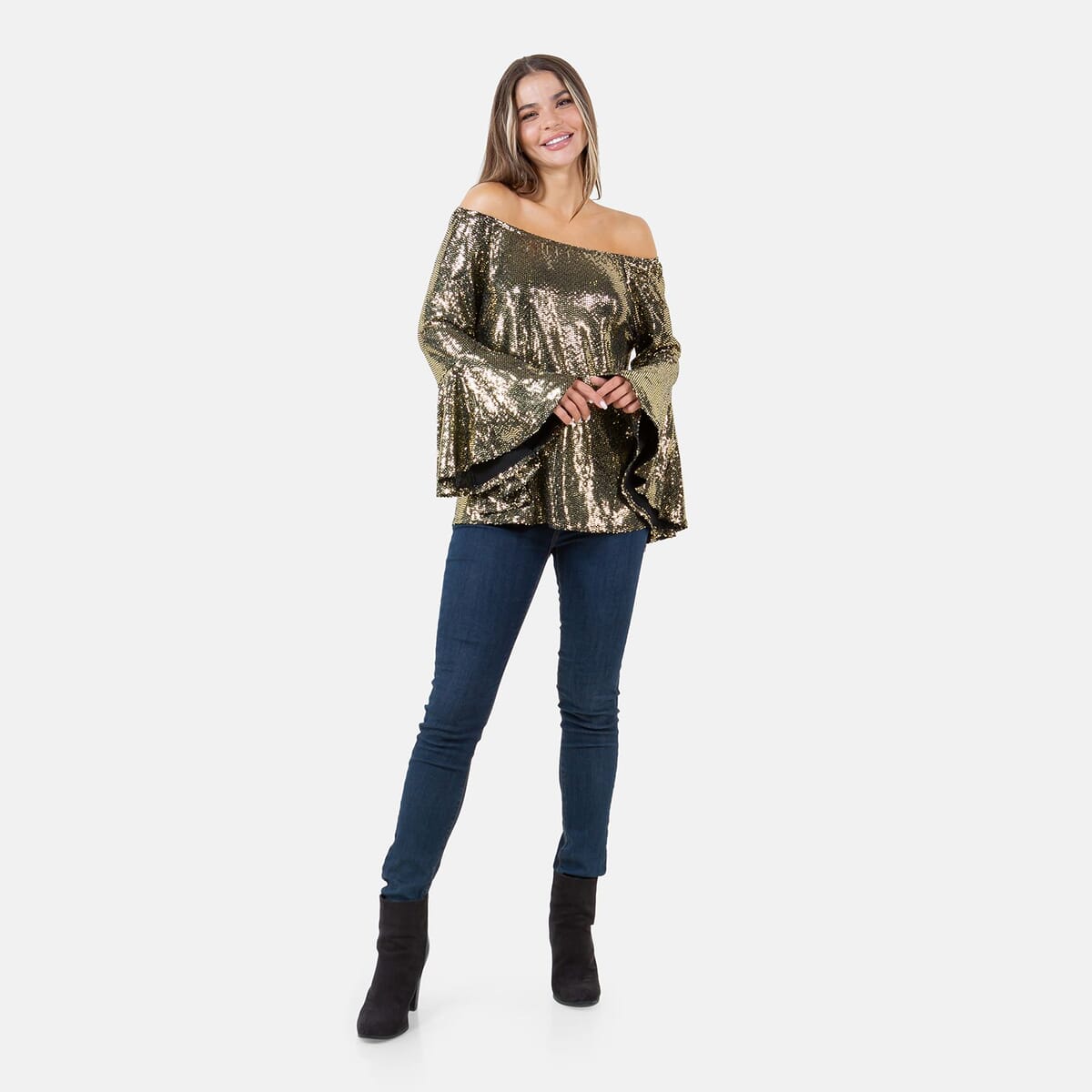 Fever Gold Glitter Women's Holiday Symphony Sleeve Blouse - S image number 4