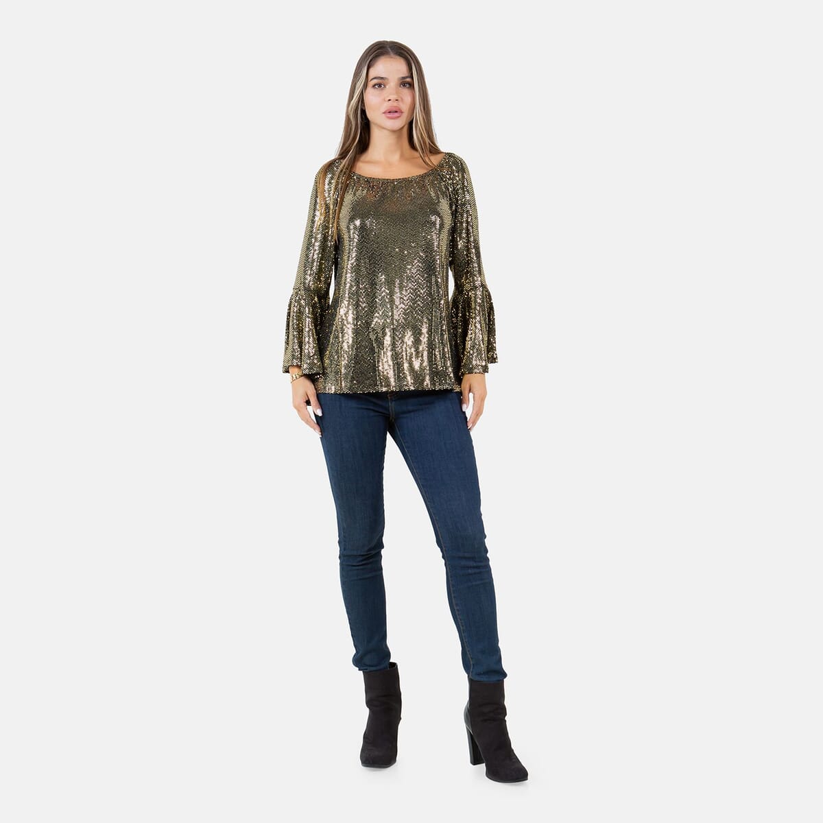 Fever Gold Glitter Women's Holiday Symphony Sleeve Blouse - S image number 5