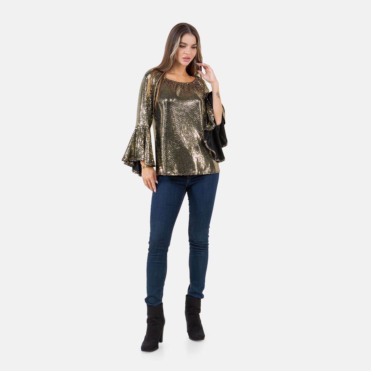 Fever Gold Glitter Women's Holiday Symphony Sleeve Blouse - S image number 7