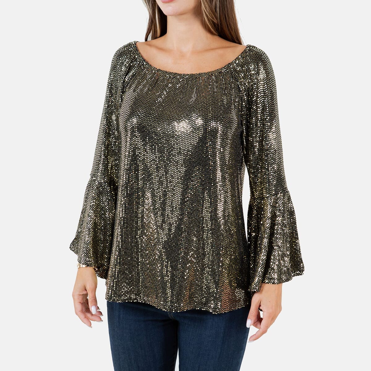 Fever Gold Glitter Women's Holiday Symphony Sleeve Blouse - S image number 8