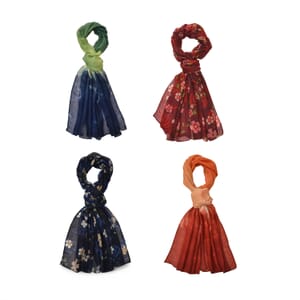 Set of 4, Multi Color 2 pcs Periwinkle Flower Print with match 2 Pcs Solid Color Polyester Scarfs 