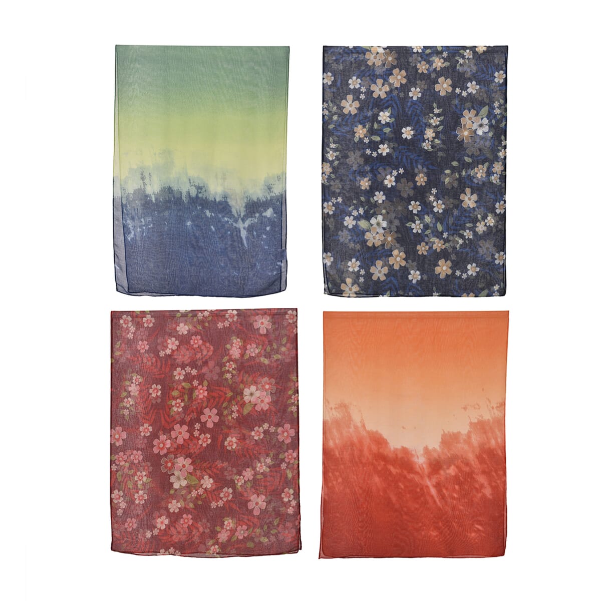 TLV Set of 4, Multi Color 2pc Flower Printed and 2pc Solid Polyester Scarfs (27.6"x70.8") image number 1