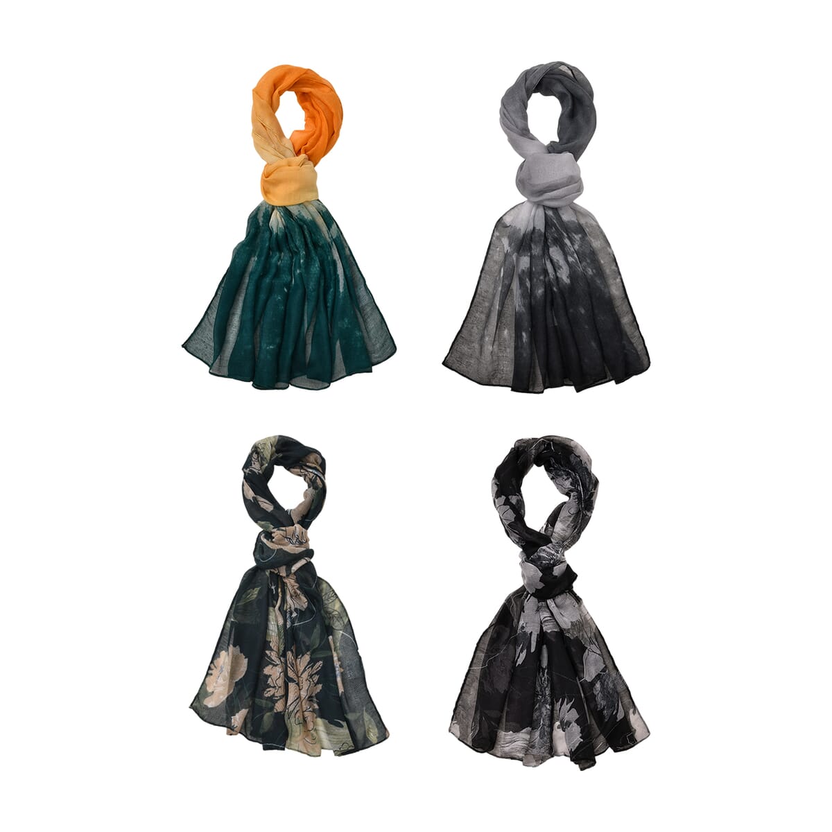  Set of 4, Multi Color 2 pcs Abstract Print with match 2 Pcs Solid Color Polyester Scarfs  image number 0