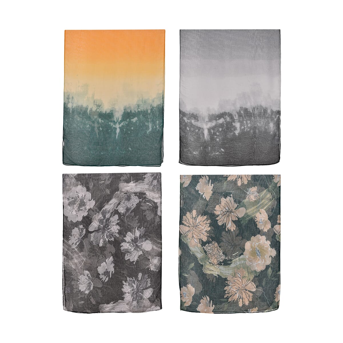  Set of 4, Multi Color 2 pcs Abstract Print with match 2 Pcs Solid Color Polyester Scarfs  image number 1