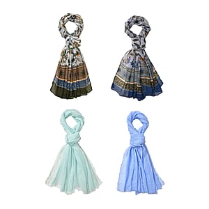 Set of 4, Multi Color 2 pcs Campanula Flower Print with match 2 Pcs Solid Color Crimp Polyester Scarfs 