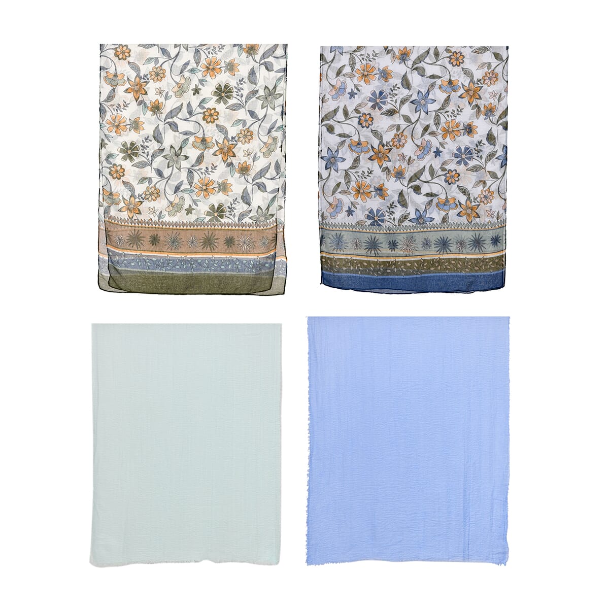 Set of 4, Multi Color 2 pcs Campanula Flower Print with match 2 Pcs Solid Color Crimp Polyester Scarfs  image number 1