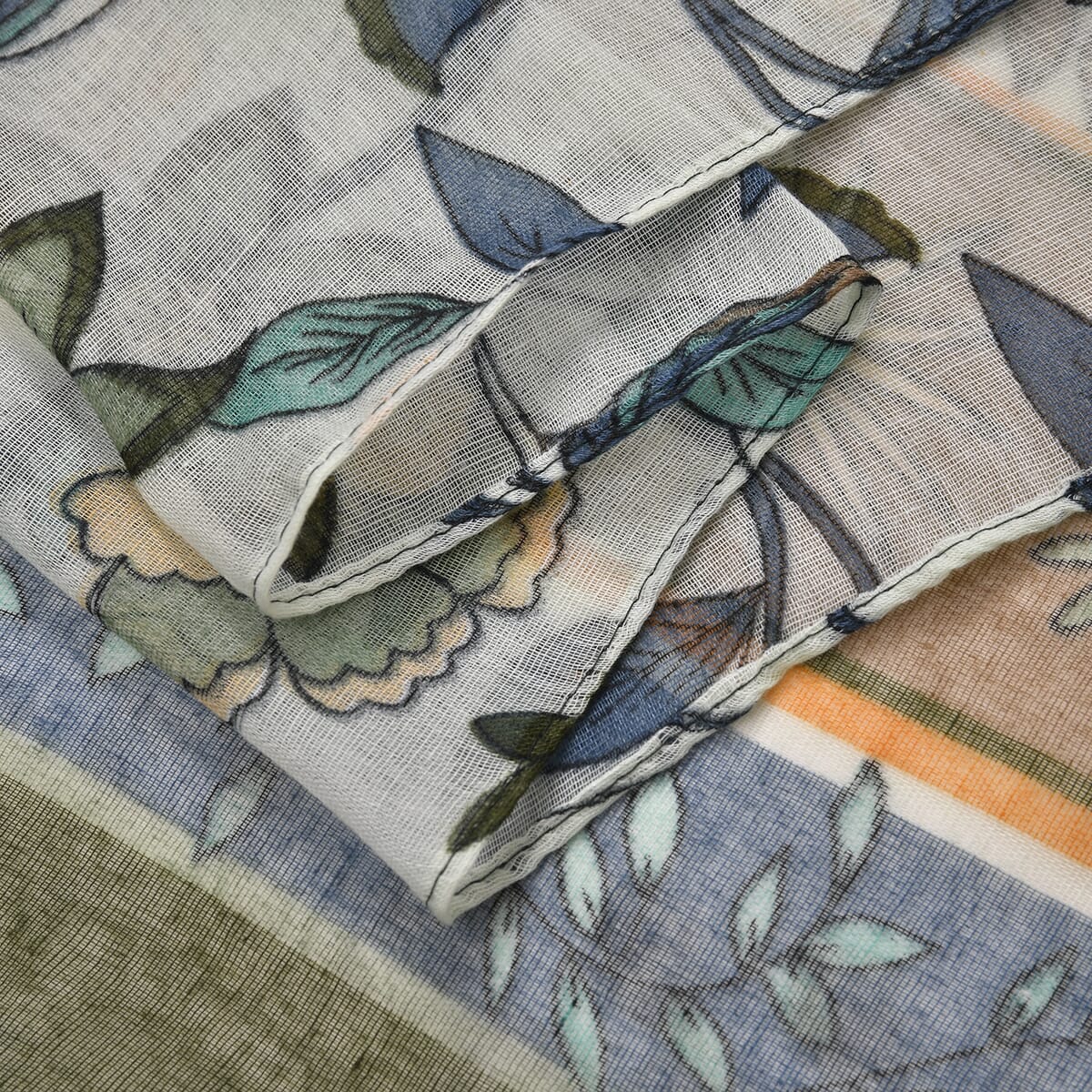 Set of 4, Multi Color 2 pcs Campanula Flower Print with match 2 Pcs Solid Color Crimp Polyester Scarfs  image number 2