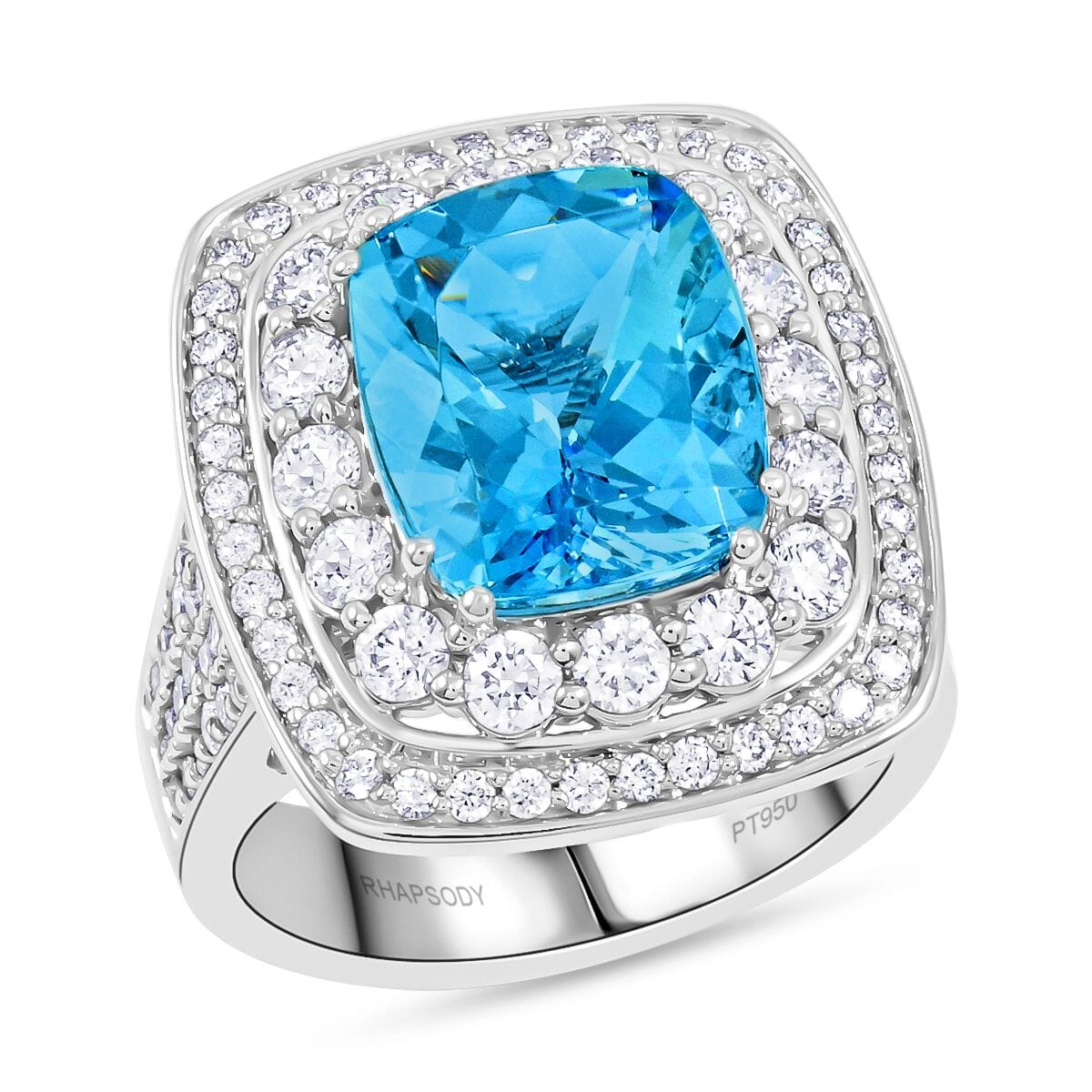 Chairman Vault Certified & Appraised Rhapsody AAAA Santa Maria Aquamarine and E-F VS Diamond 6.55 ctw Ring in 950 Platinum (Size 7.0) 14.45 Grams image number 0