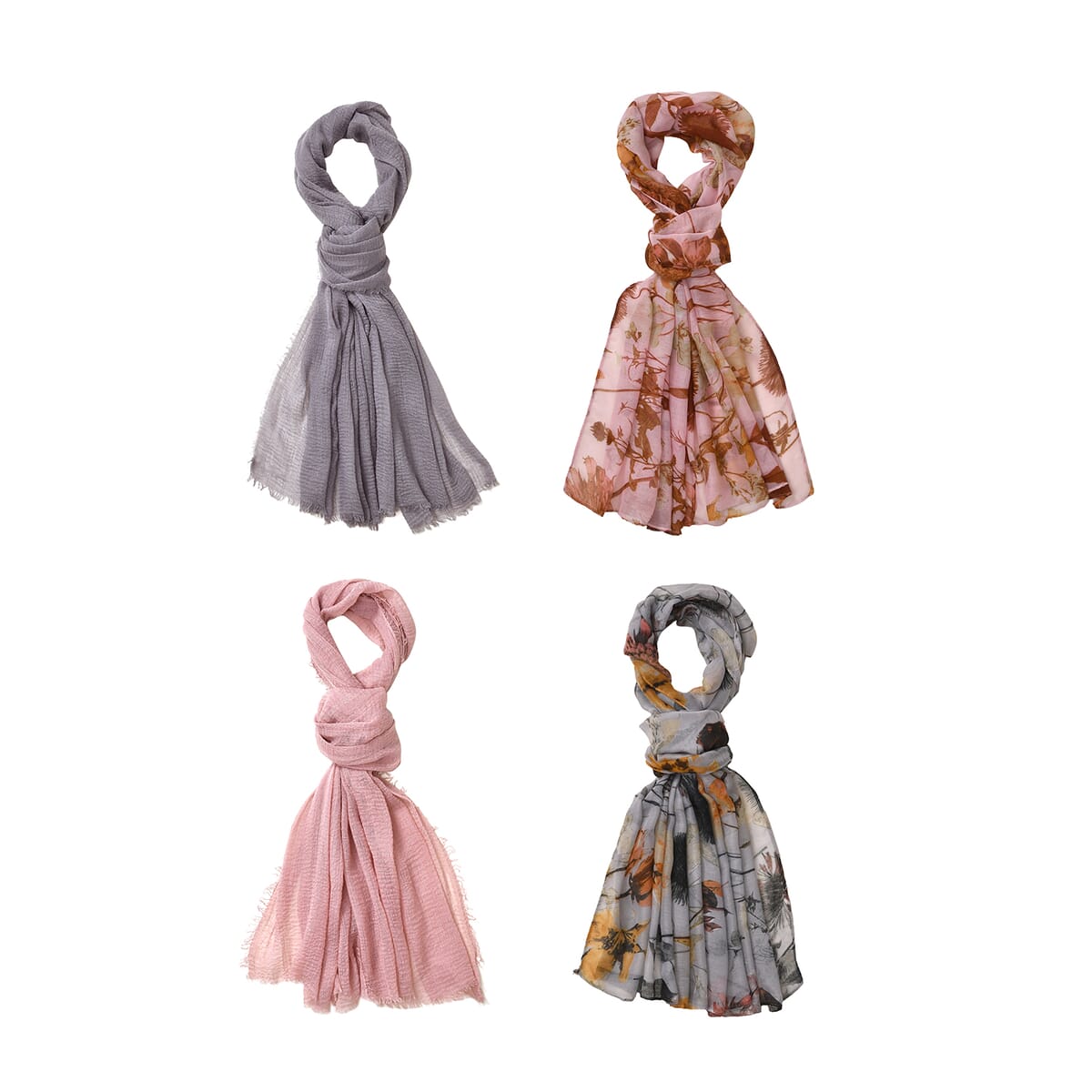 Set of 4, Multi Color 2 pcs Floral Bushes Print with match 2 Pcs Solid Color Crimp Polyester Scarfs   image number 0