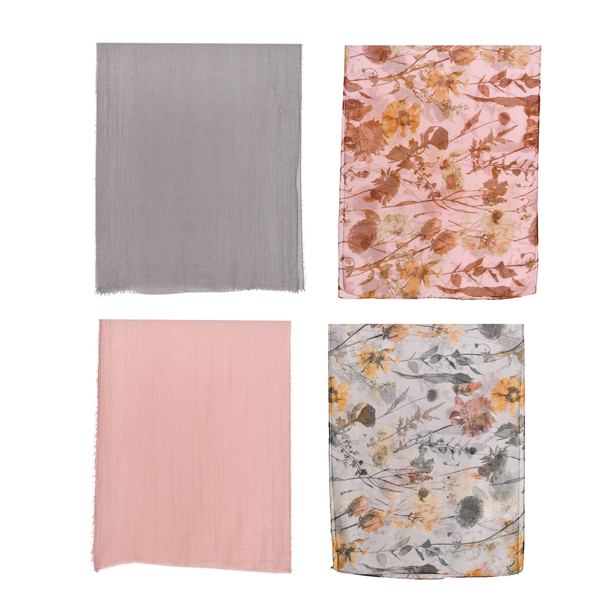 Set of 4, Multi Color 2 pcs Floral Bushes Print with match 2 Pcs Solid Color Crimp Polyester Scarfs   image number 1