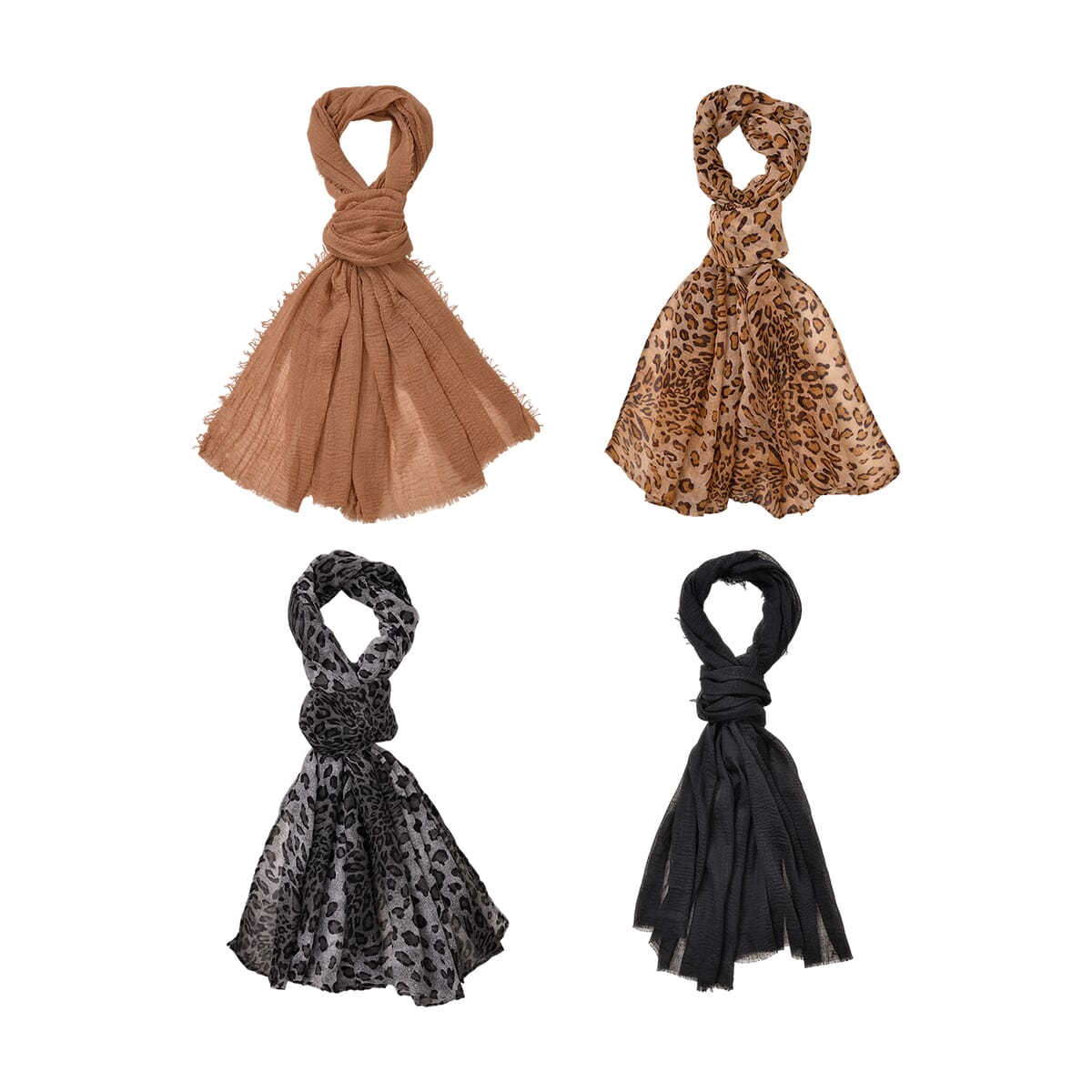 Set of 4, Multi Color 2 Pcs Leopard Print with match 2 Pcs Solid Color Crimp Polyester Scarfs  image number 0