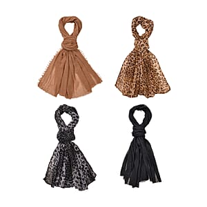 Set of 4, Multi Color 2 Pcs Leopard Print with match 2 Pcs Solid Color Crimp Polyester Scarfs 