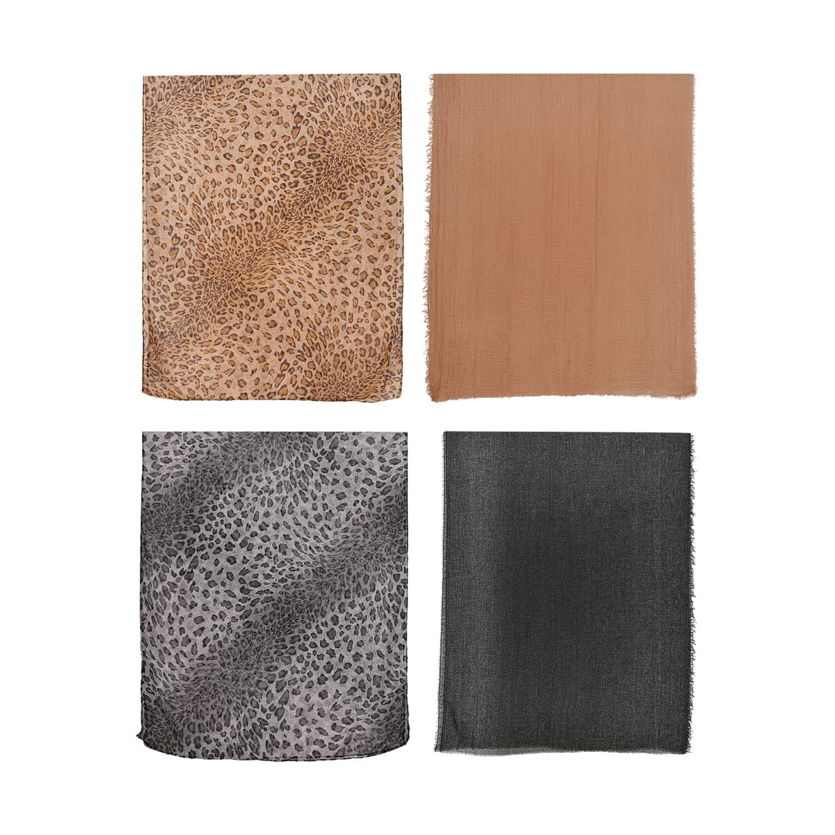 Set of 4, Multi Color 2 Pcs Leopard Print with match 2 Pcs Solid Color Crimp Polyester Scarfs  image number 1