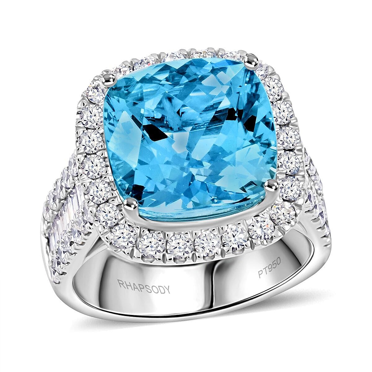 Chairman Vault Certified & Appraised Rhapsody AAAA Santa Maria Aquamarine and E-F VS Diamond 9.20 ctw Ring in 950 Platinum (Size 10.0) 18.15 Grams