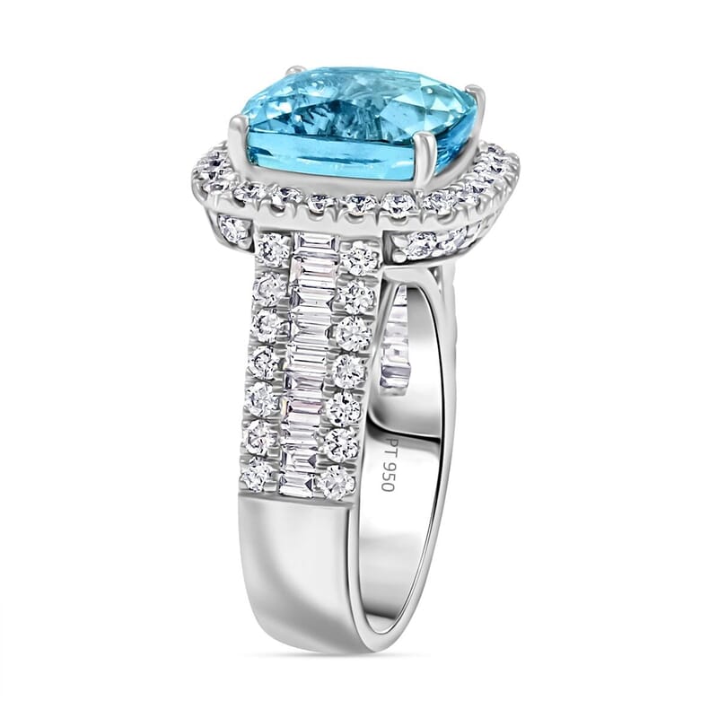 Chairman Vault Certified & Appraised Rhapsody AAAA Santa Maria Aquamarine and E-F VS Diamond 9.20 ctw Ring in 950 Platinum (Size 10.0) 18.15 Grams