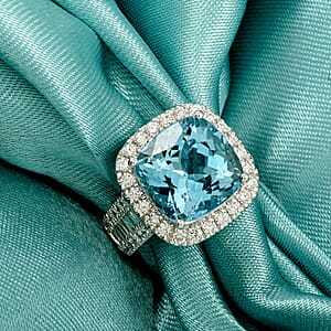 Chairman Vault Certified & Appraised Rhapsody AAAA Santa Maria Aquamarine and E-F VS Diamond 9.20 ctw Ring in 950 Platinum (Size 6.0) 18.15 Grams