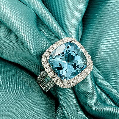 Chairman Vault Certified & Appraised Rhapsody AAAA Santa Maria Aquamarine and E-F VS Diamond 9.20 ctw Ring in 950 Platinum (Size 6.0) 18.15 Grams