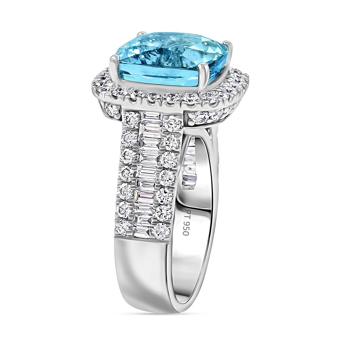 Chairman Vault Certified & Appraised Rhapsody AAAA Santa Maria Aquamarine and E-F VS Diamond 9.20 ctw Ring in 950 Platinum (Size 6.0) 18.15 Grams image number 3