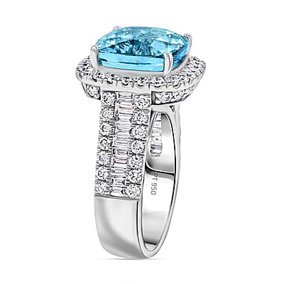 Chairman Vault Certified & Appraised Rhapsody AAAA Santa Maria Aquamarine and E-F VS Diamond 9.20 ctw Ring in 950 Platinum (Size 6.0) 18.15 Grams