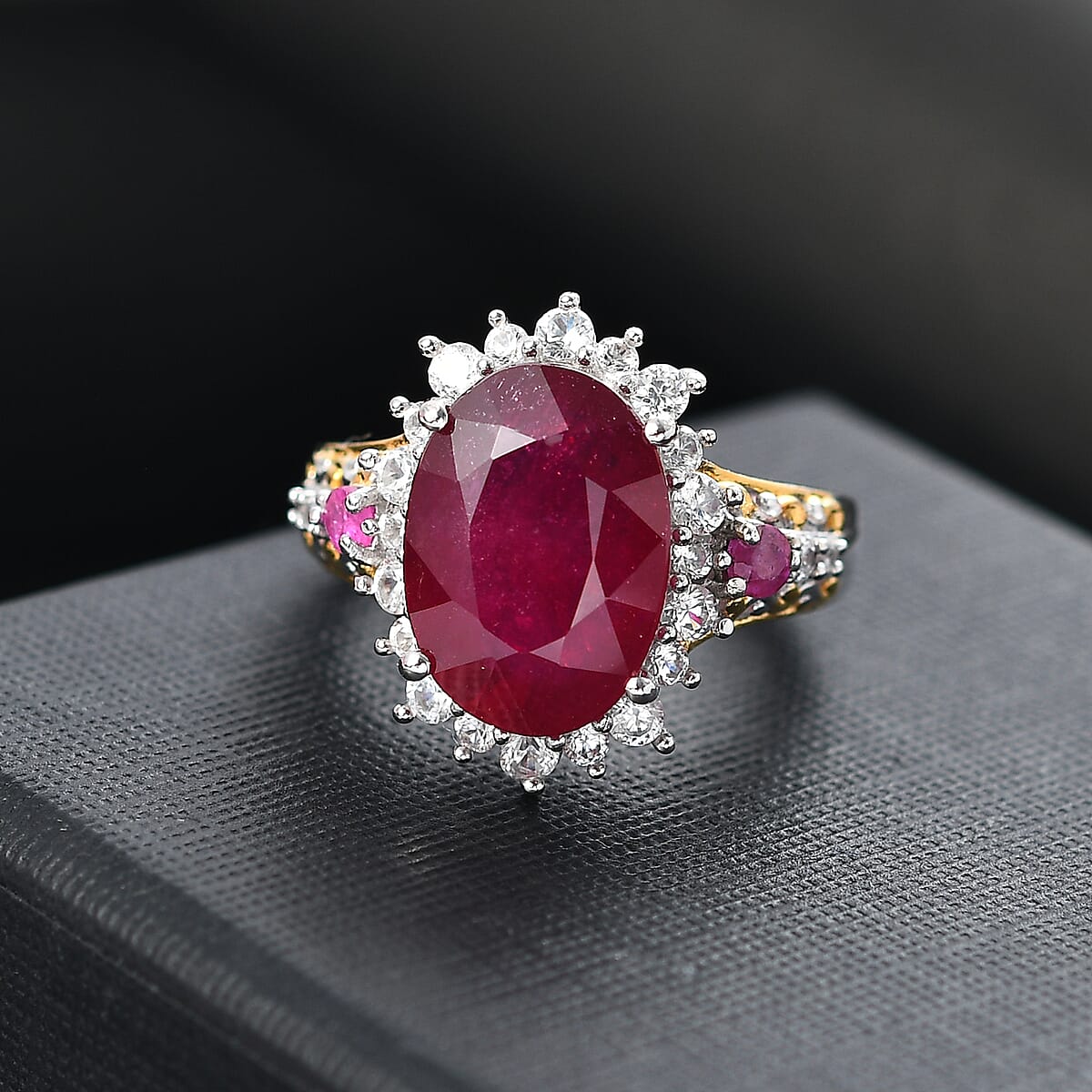 D'Joy AAA Niassa Ruby (FF) and White Zircon 10.70 ctw Elegant Vintage Ring in 18K Vermeil YG and Rhodium Over Sterling Silver (Size 6.0) image number 1