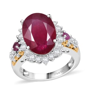 AAA Niassa Ruby (FF) and White Zircon 10.70 ctw Elegant Vintage Ring in 18K Vermeil YG and Rhodium Over Sterling Silver (Size 9.0)