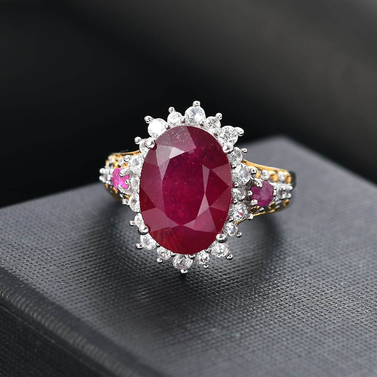 AAA Niassa Ruby (FF) and White Zircon 10.70 ctw Elegant Vintage Ring in 18K Vermeil YG and Rhodium Over Sterling Silver (Size 9.0) image number 1