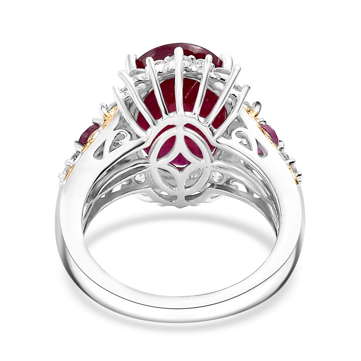 AAA Niassa Ruby (FF) and White Zircon 10.70 ctw Elegant Vintage Ring in 18K Vermeil YG and Rhodium Over Sterling Silver (Size 9.0) image number 4