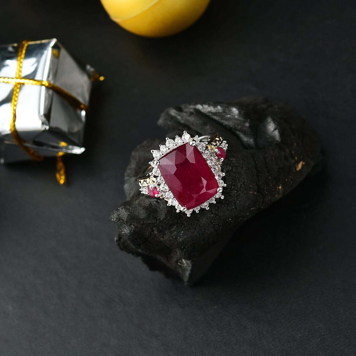 AAA Niassa Ruby (FF) and White Zircon 12.40 ctw Elegant Vintage Ring in 18K Vermeil YG and Rhodium Over Sterling Silver (Size 10.0) image number 1