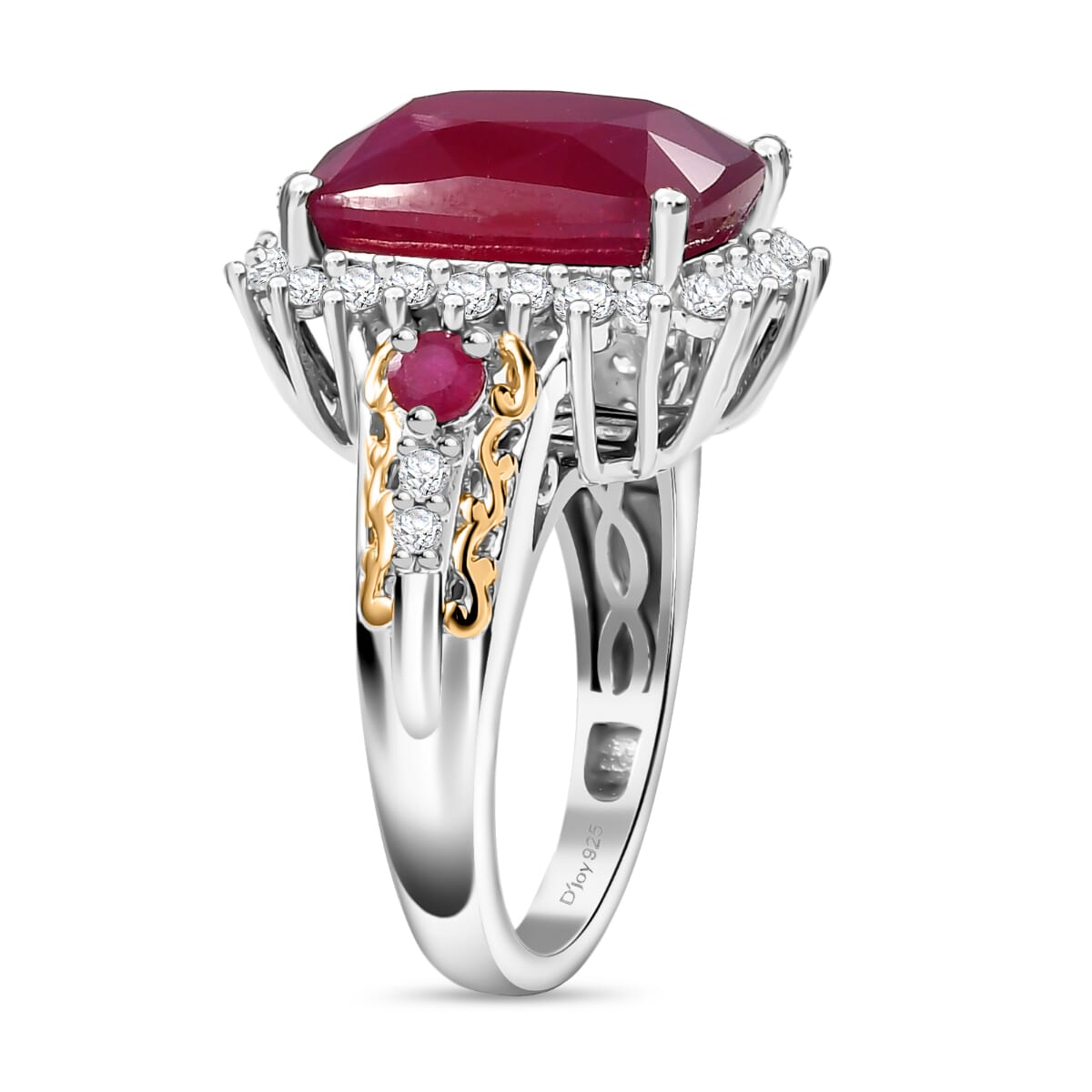 AAA Niassa Ruby (FF) and White Zircon 12.40 ctw Elegant Vintage Ring in 18K Vermeil YG and Rhodium Over Sterling Silver (Size 10.0) image number 3