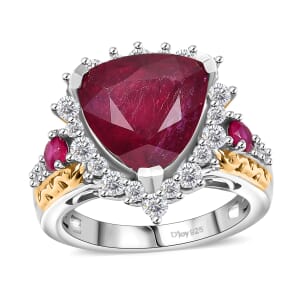 AAA Niassa Ruby (FF) and White Zircon 9.30 ctw Elegant Vintage Ring in 18K Vermeil YG and Rhodium Over Sterling Silver (Size 8.0)
