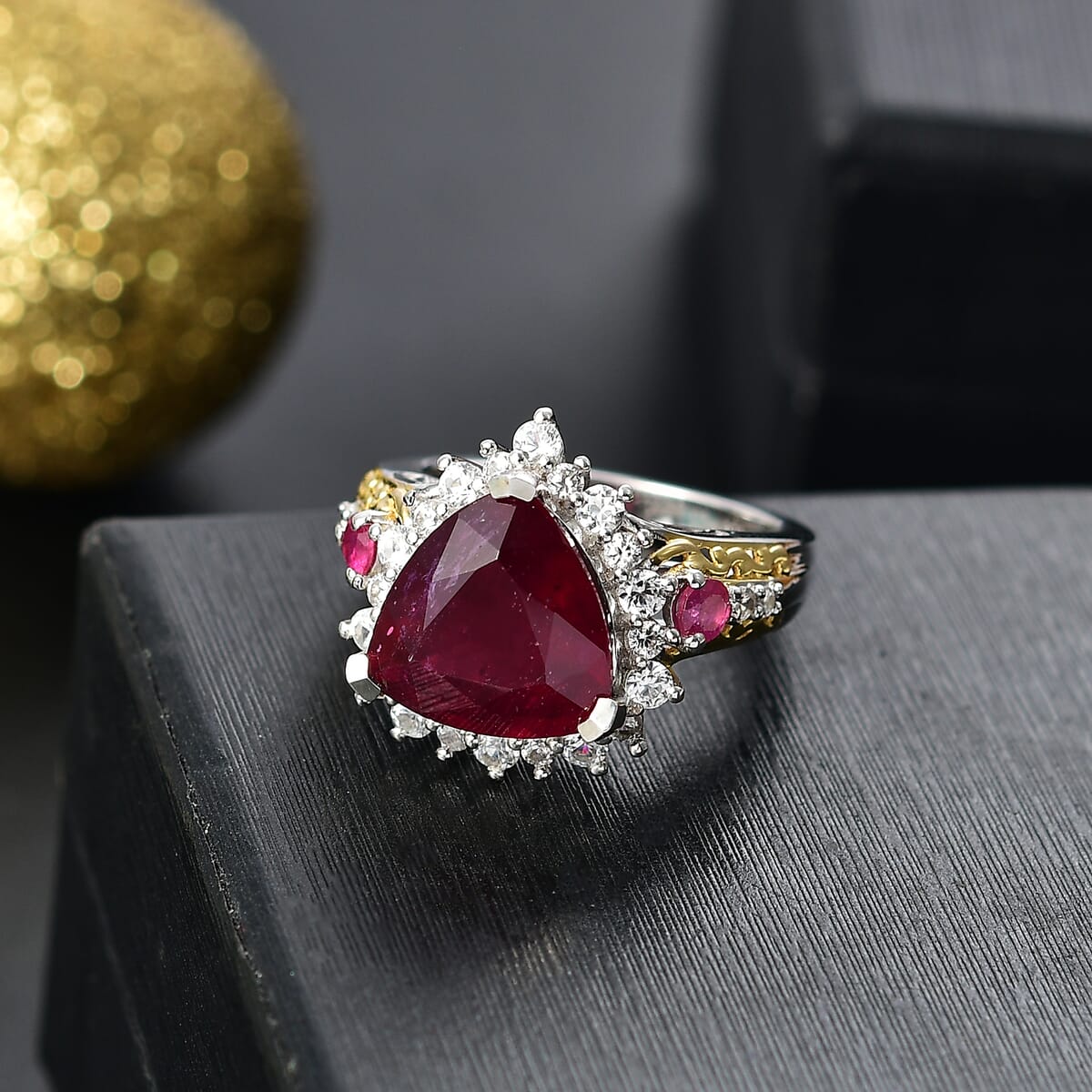 AAA Niassa Ruby (FF) and White Zircon 9.30 ctw Elegant Vintage Ring in 18K Vermeil YG and Rhodium Over Sterling Silver (Size 8.0) image number 1