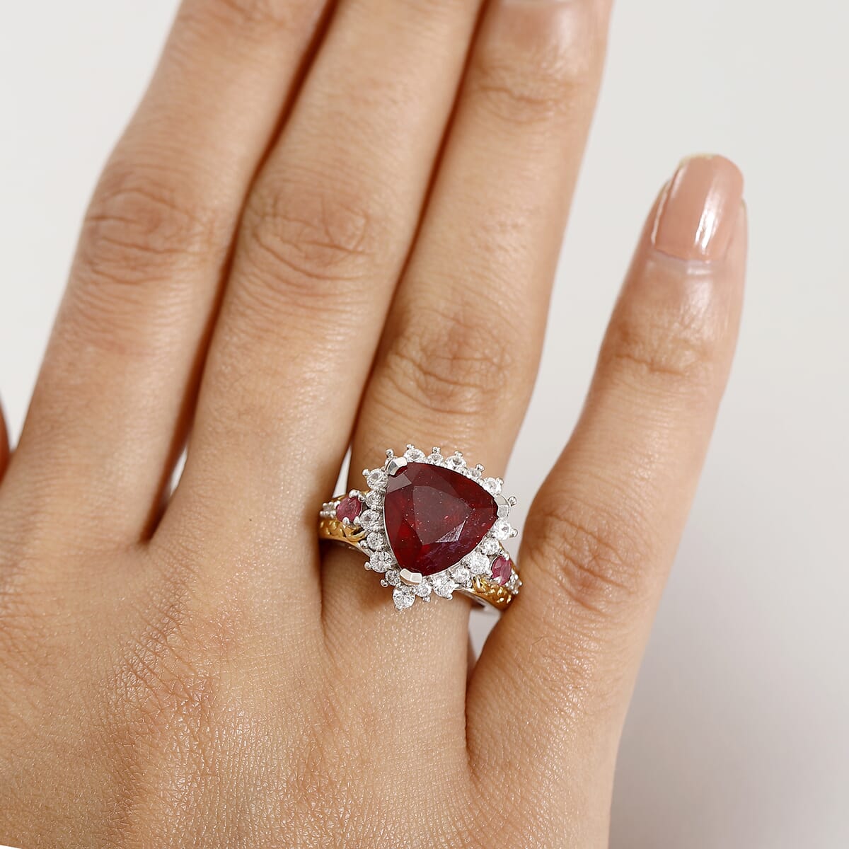AAA Niassa Ruby (FF) and White Zircon 9.30 ctw Elegant Vintage Ring in 18K Vermeil YG and Rhodium Over Sterling Silver (Size 8.0) image number 2