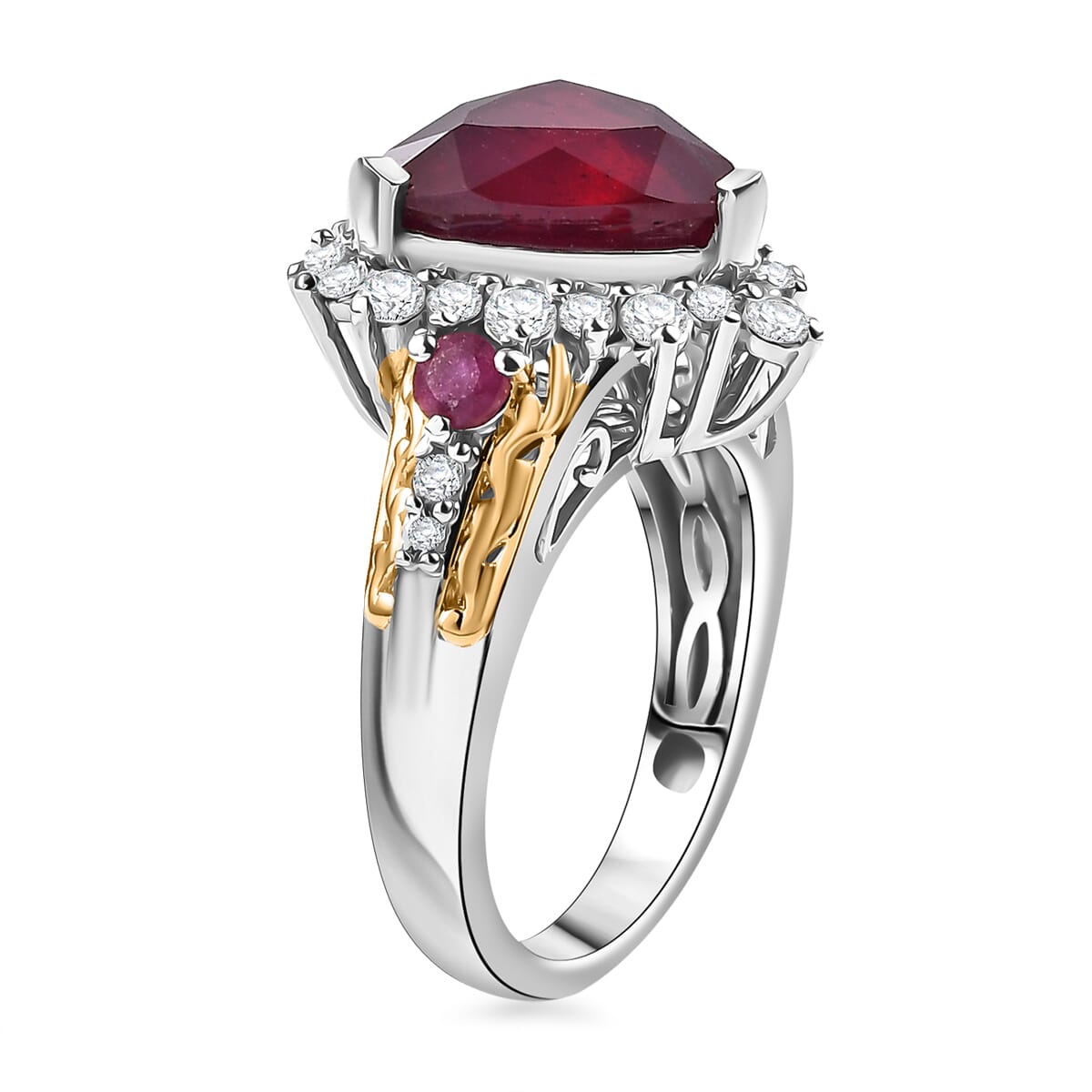 AAA Niassa Ruby (FF) and White Zircon 9.30 ctw Elegant Vintage Ring in 18K Vermeil YG and Rhodium Over Sterling Silver (Size 8.0) image number 3