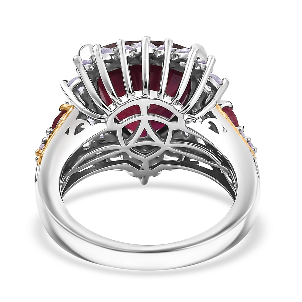 AAA Niassa Ruby (FF) and White Zircon 9.30 ctw Elegant Vintage Ring in 18K Vermeil YG and Rhodium Over Sterling Silver (Size 8.0) image number 4