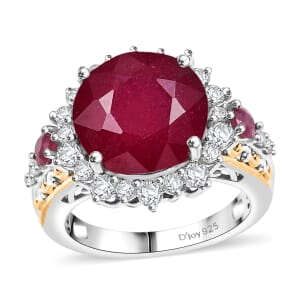 AAA Niassa Ruby (FF) and White Zircon 11.80 ctw Elegant Vintage Ring in 18K Vermeil YG and Rhodium Over Sterling Silver (Size 9.0)