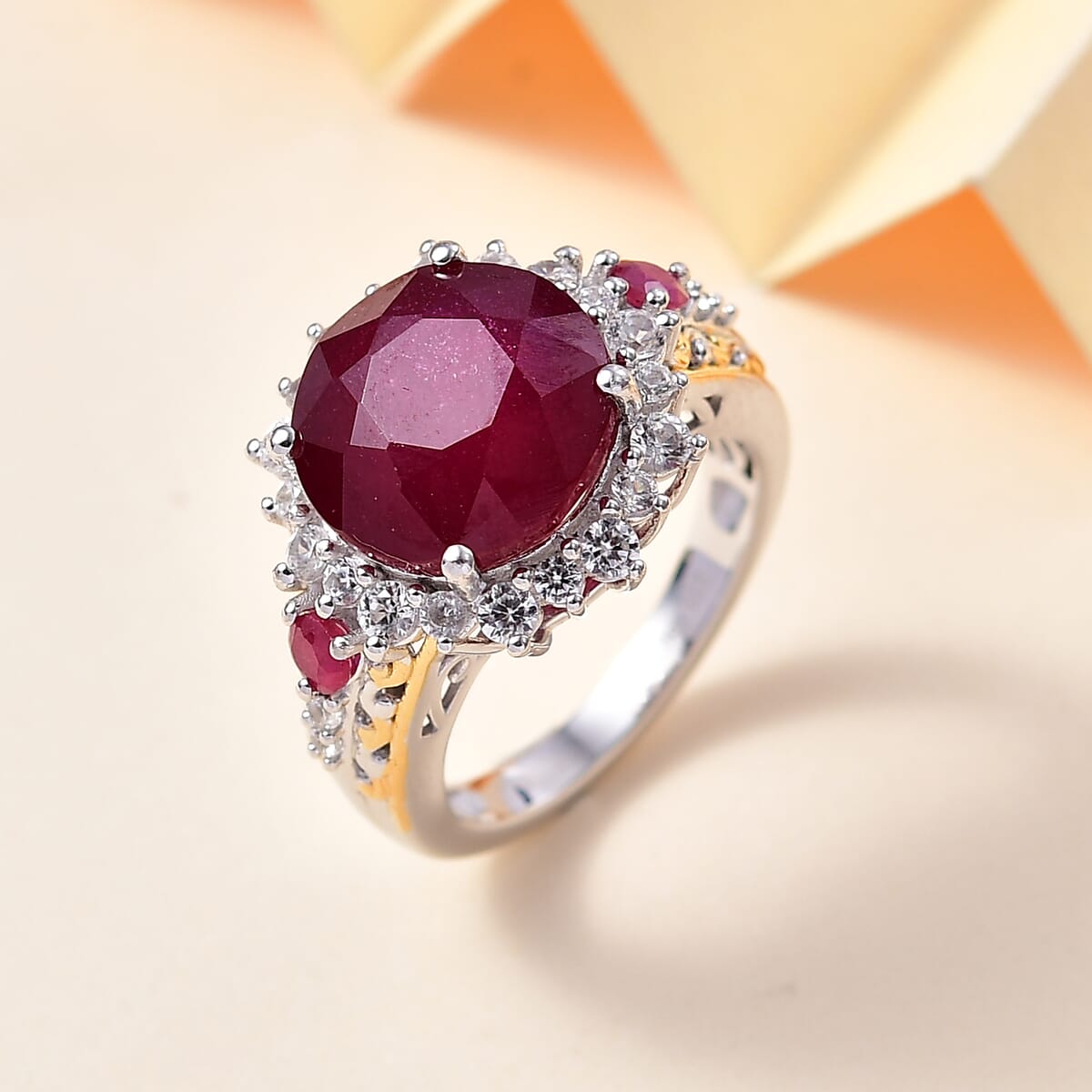 AAA Niassa Ruby (FF) and White Zircon 11.80 ctw Elegant Vintage Ring in 18K Vermeil YG and Rhodium Over Sterling Silver (Size 9.0) image number 1
