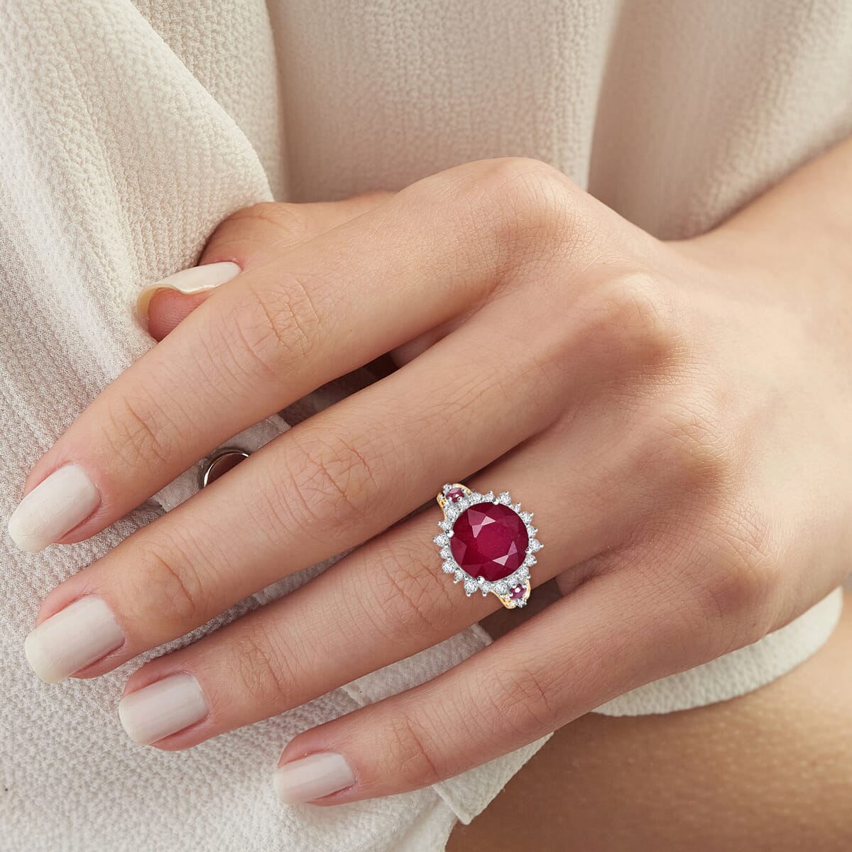 AAA Niassa Ruby (FF) and White Zircon 11.80 ctw Elegant Vintage Ring in 18K Vermeil YG and Rhodium Over Sterling Silver (Size 9.0) image number 2