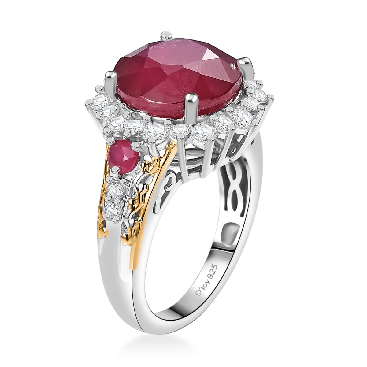 AAA Niassa Ruby (FF) and White Zircon 11.80 ctw Elegant Vintage Ring in 18K Vermeil YG and Rhodium Over Sterling Silver (Size 9.0) image number 3
