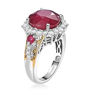 D'Joy AAA Niassa Ruby (FF) and White Zircon 11.80 ctw Elegant Vintage Ring in 18K Vermeil YG and Rhodium Over Sterling Silver (Size 9.0)